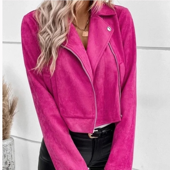 Luxe Hot Pink Zipper Vegan Suede Moto Biker Jacket - Picture 3 of 11